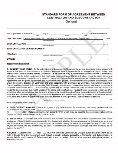 standard form general subcontractor agreement