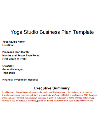 standard yoga business plan