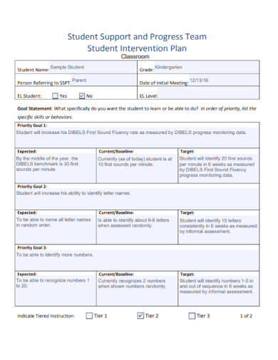 student support classroom intervention plan
