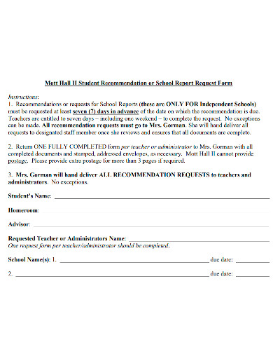 students recommendation report request form