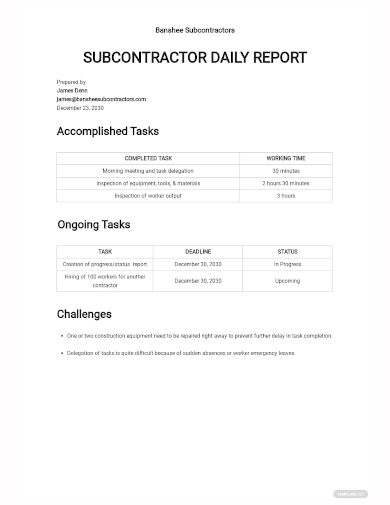 subcontractor daily report template