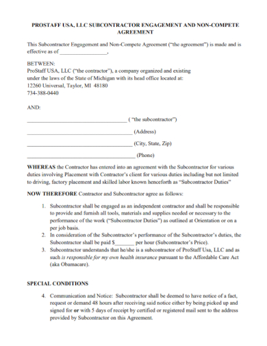 subcontractor engagement non compete agreement