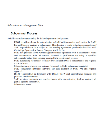 subcontractor management process plan