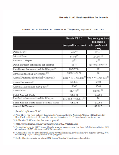 used car annual cost business plan