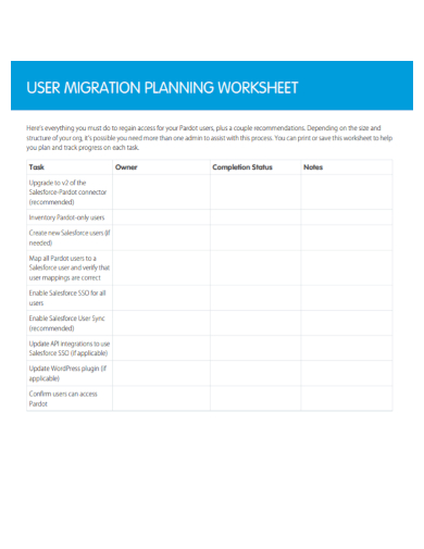 user migration planning worksheet