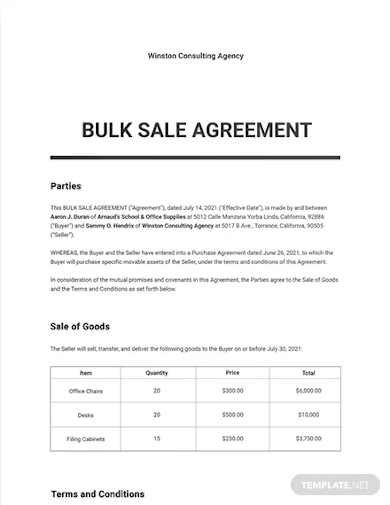 bulk sale agreement template