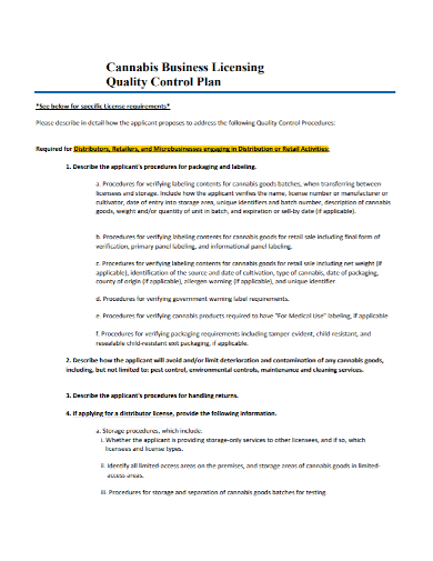 business licensing quality control plan
