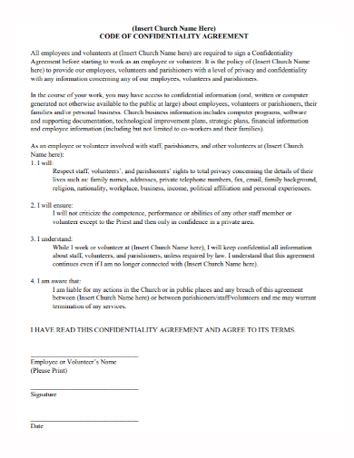 church code of confidentiality agreement