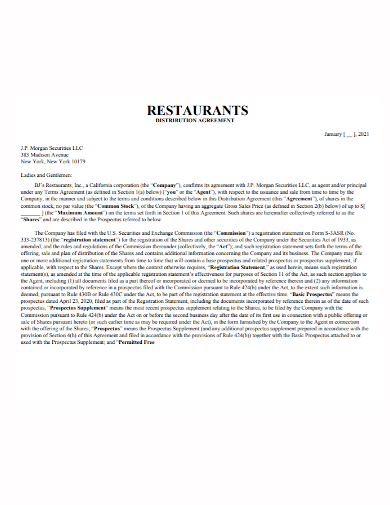 company restaurant distribution agreement