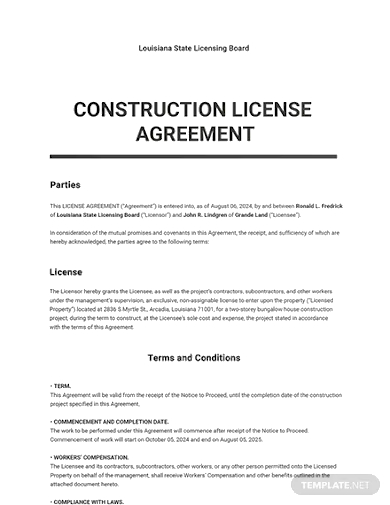 construction license agreement template