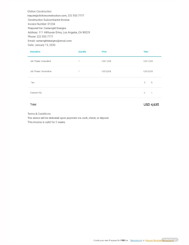 construction subcontractor invoice template