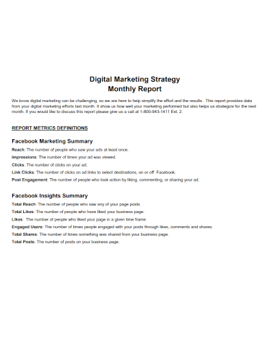 digital marketing strategy monthly report