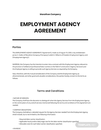 FREE 10  Employment Agency Agreement Samples Temporary Staff Service