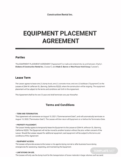 equipment placement agreement template