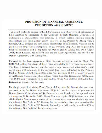 financial assistance put option agreement