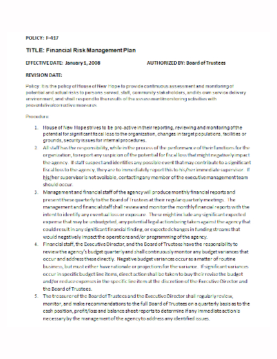 financial risk management policy plan