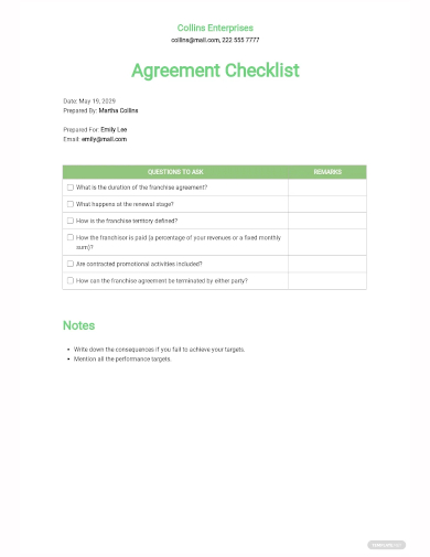 franchise agreement checklist template