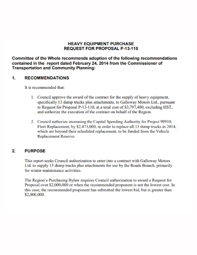 heavy equipment purchase proposal
