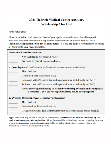 medical auxiliary scholarship checklist