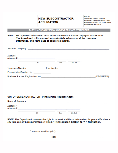 new subcontractor application