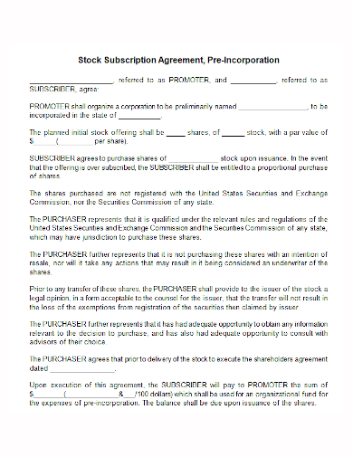 pre incorporation stock subscription agreement