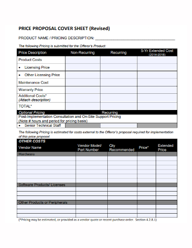 product price proposal cover sheet