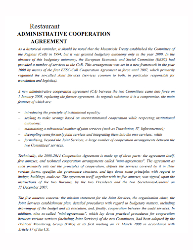 restaurant administrative cooperation agreement