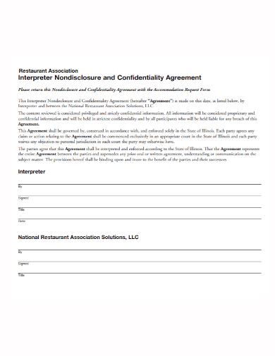 restaurant association confidentiality agreement