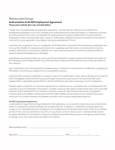 restaurant authorization employment agreement