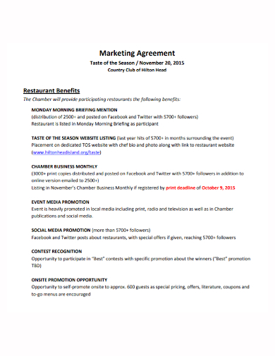 restaurant benefits marketing agreement