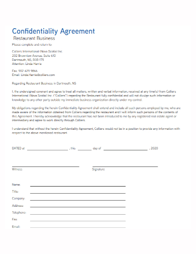 restaurant business confidentiality agreement