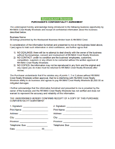 restaurant business purchase confidentiality agreement
