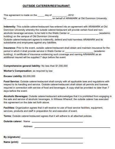 restaurant catering agreement example