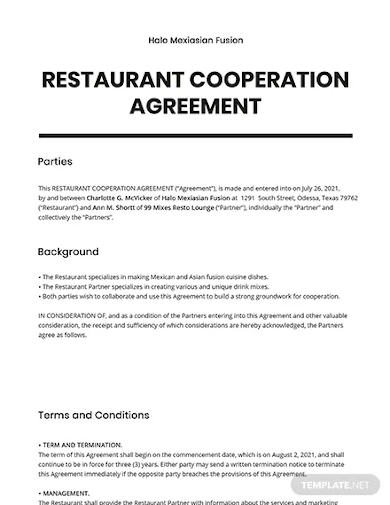 restaurant cooperation agreement template