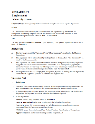 restaurant employment labour agreement