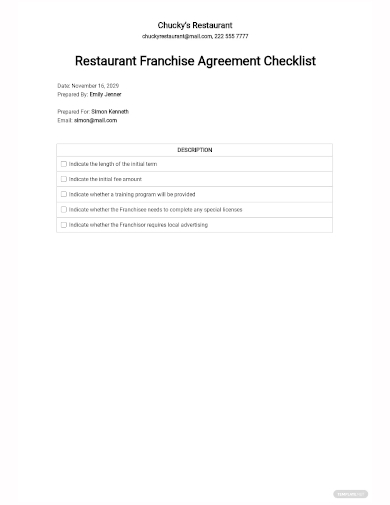 restaurant franchise agreement checklist template