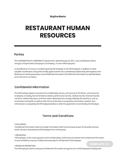 restaurant human resources confidentiality agreement