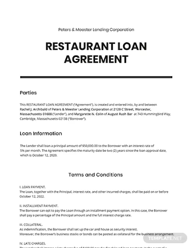 restaurant loan agreement template