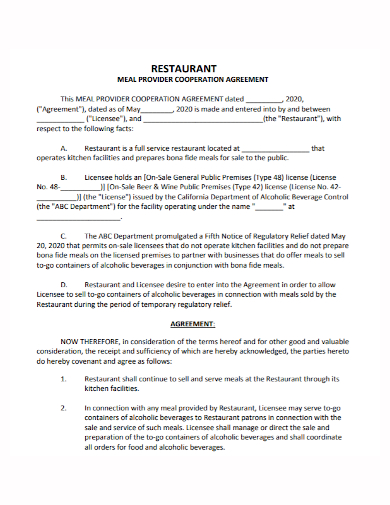 restaurant meal provider cooperation agreement