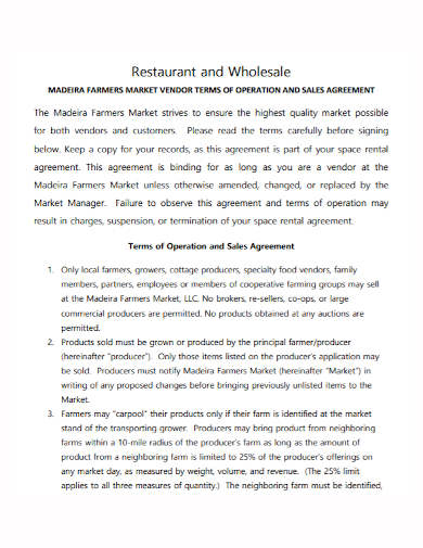 restaurant operation sales agreement