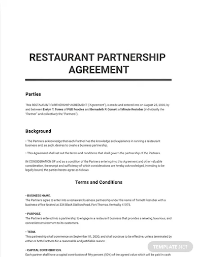 restaurant partnership agreement template