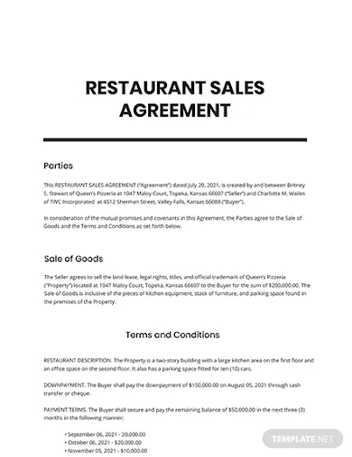 restaurant sales agreement template