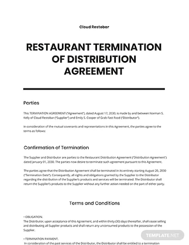 restaurant termination of distribution agreement