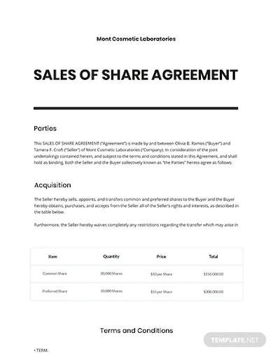 sale of shares agreement template
