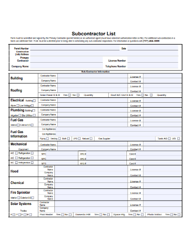 sample subcontractor list