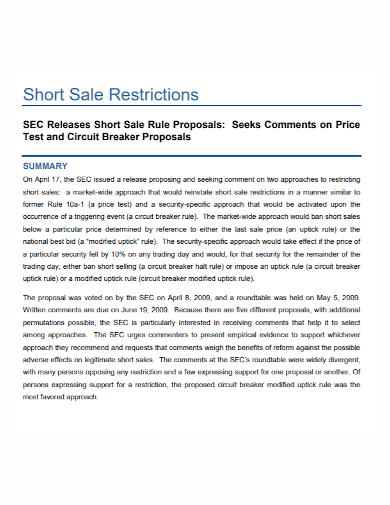 short sales restrictions proposal