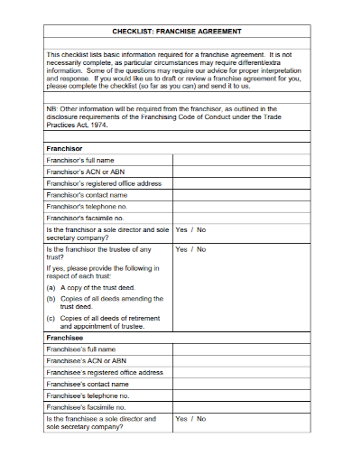 standard franchise agreement checklist