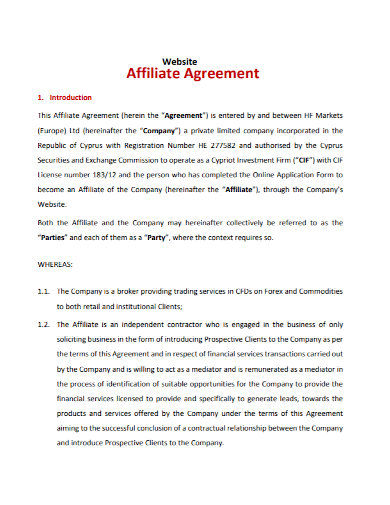 standard website affiliate agreement