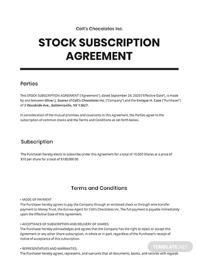 stock subscription agreement template