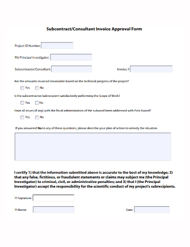 subcontractor consultant invoice approval form